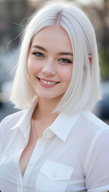 Portret van een mooie jonge blonde vrouw in een witte blouse