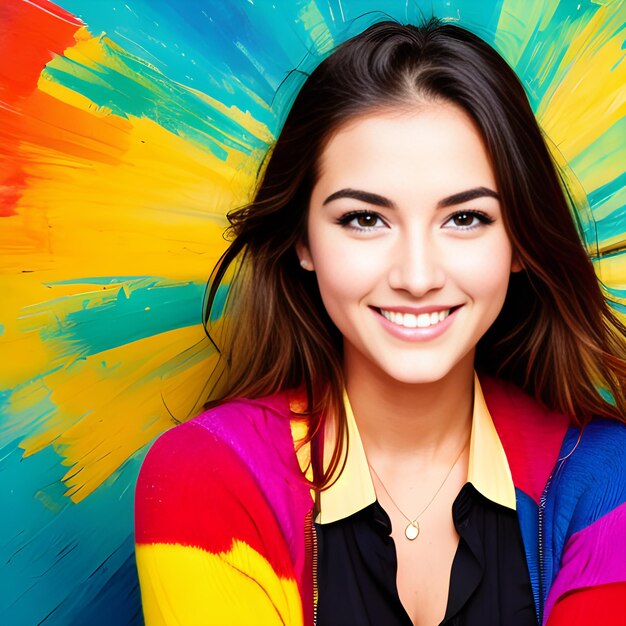 Foto portret van een mooie jonge glimlachende vrouw met heldere kleurrijke achtergrond