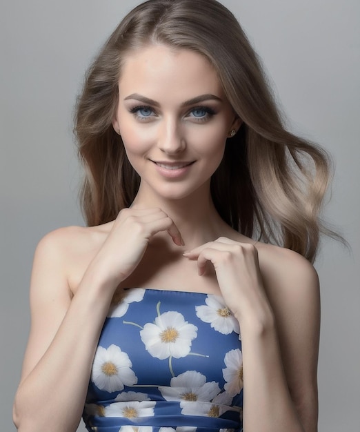Portret van een mooie jonge lachende vrouw in een blauwe bloemenjurk