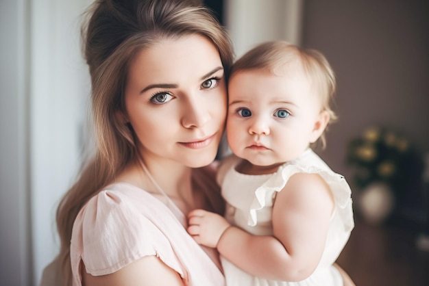 Portret van een mooie jonge moeder met haar kleine dochter thuis Generatieve AI