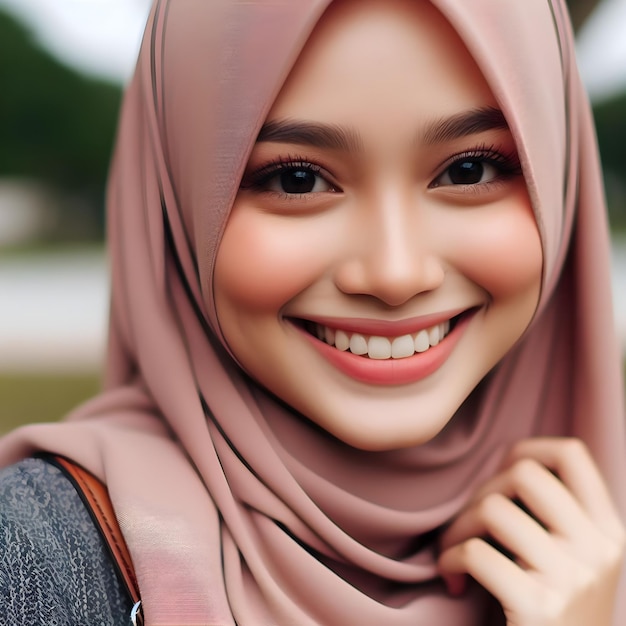 Portret van een mooie jonge moslimvrouw met een glimlachende hijab op een grijze achtergrond