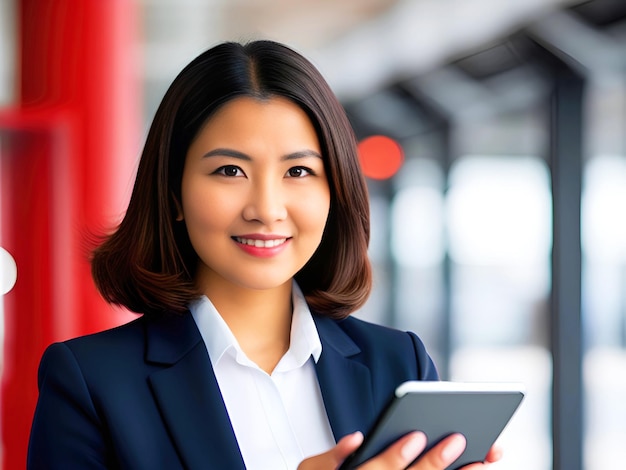 Portret van een mooie jonge onderneemster die aan laptop in bureau werkt Generatieve AI