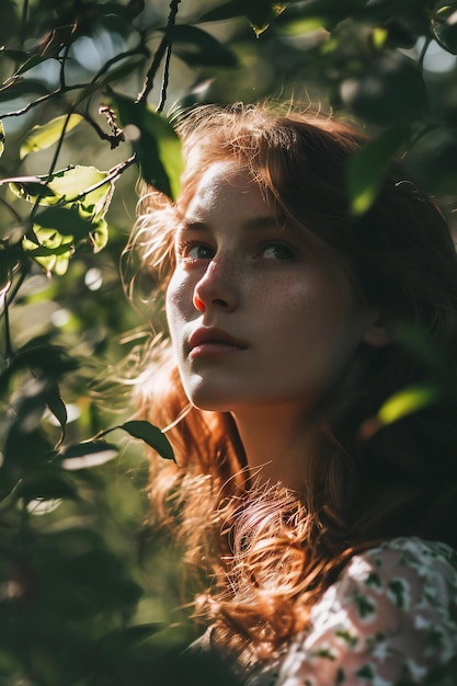 Portret van een mooie jonge roodharige vrouw in de tuin