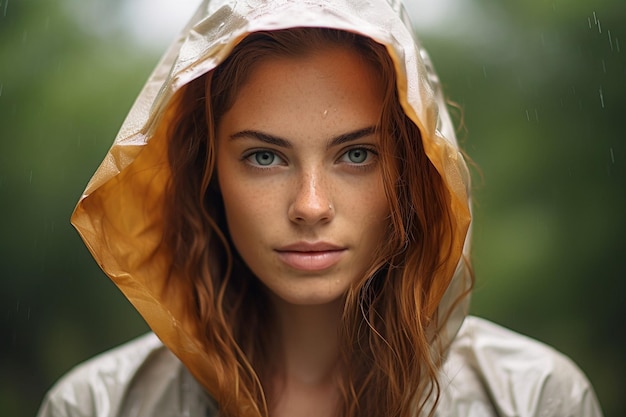 Portret van een mooie jonge vrouw bedekt met een kap in de regen