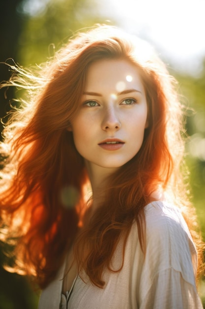 Portret van een mooie jonge vrouw die buiten in de zon staat