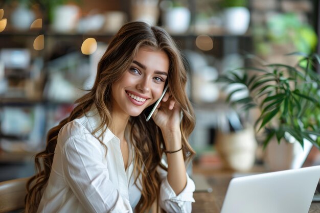 Portret van een mooie jonge vrouw die glimlacht terwijl ze met een laptop werkt en op de mobiele telefoon praat in het kantoor Businesswoman concept