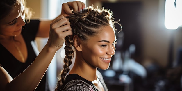 Portret van een mooie jonge vrouw die haar haar laat vlechten in een schoonheidssalon