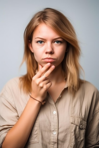 Portret van een mooie jonge vrouw die het handgebaar voor vrede maakt