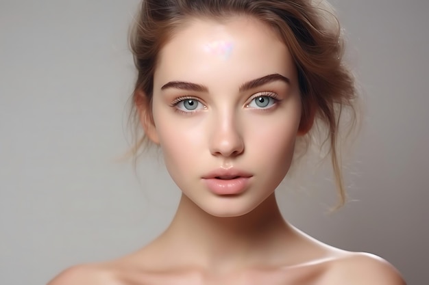 Portret van een mooie jonge vrouw die huidverzorging doet op de achtergrond van de studio