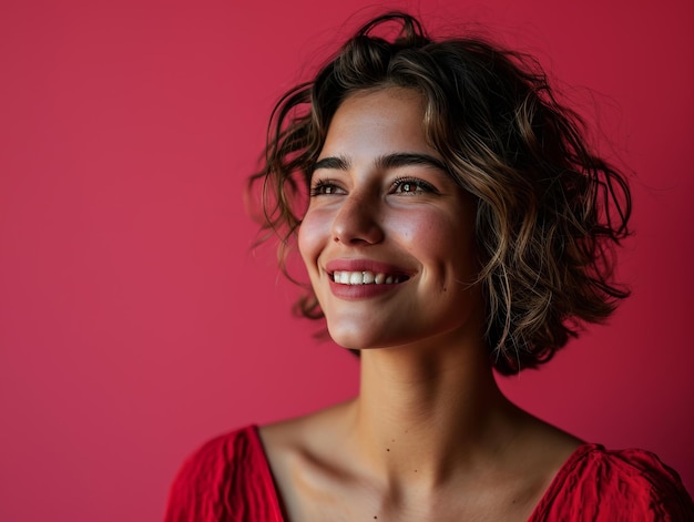 Portret van een mooie jonge vrouw die lacht tegen een rode achtergrond