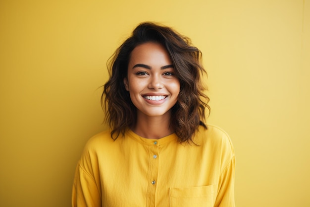 Portret van een mooie jonge vrouw die naar de camera glimlacht, geïsoleerd op een gele achtergrond