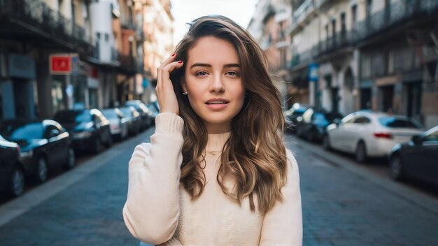 Portret van een mooie jonge vrouw die op straat poseert