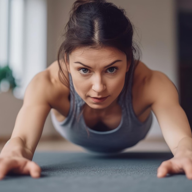 Portret van een mooie jonge vrouw die yoga beoefent in plank pose in de woonkamer Yoga oefening