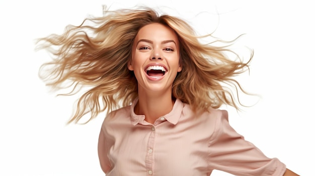 portret van een mooie jonge vrouw glimlachend vrolijk meisje geïsoleerd op een witte achtergrond
