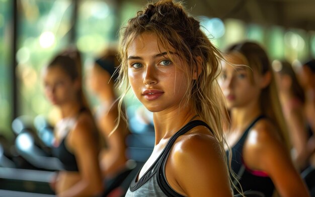 Portret van een mooie jonge vrouw in de sportschool