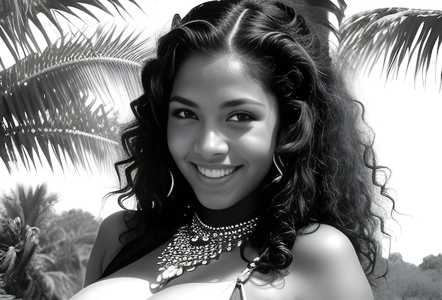 Portret van een mooie jonge vrouw in de tropen zwart-wit