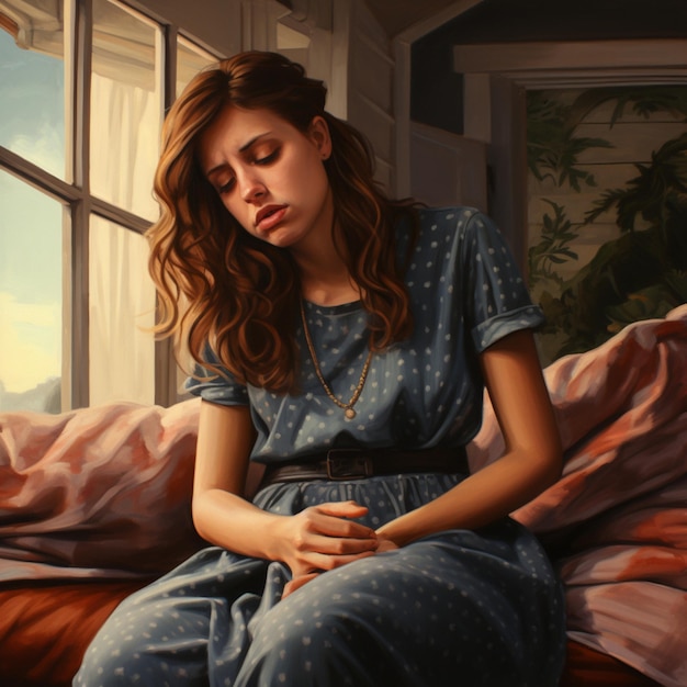 Portret van een mooie jonge vrouw in een blauwe jurk die in bed zit en lijdt aan pijn