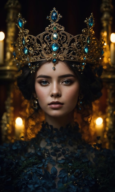 Portret van een mooie jonge vrouw in een kroon Luxe make-up en kapsel ai generatief