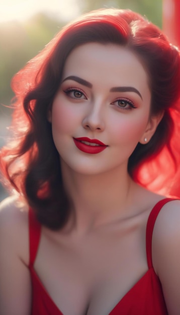 Portret van een mooie jonge vrouw in een rode jurk met felle make-up