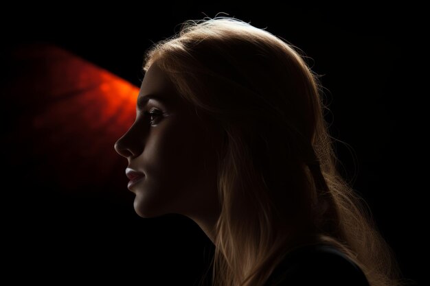 portret van een mooie jonge vrouw in silhouet met een rood licht op de achtergrond