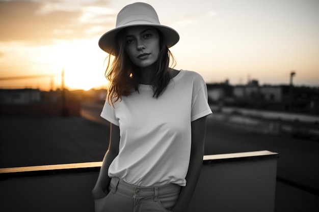 Portret van een mooie jonge vrouw in wit T-shirt en blauwe rok die op het dak poseert met haar orang