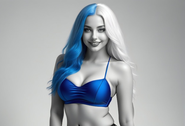 Portret van een mooie jonge vrouw met blauw haar en blauwe bikini