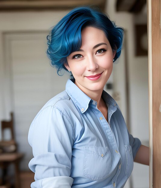 Portret van een mooie jonge vrouw met blauw haar in een blauw hemd