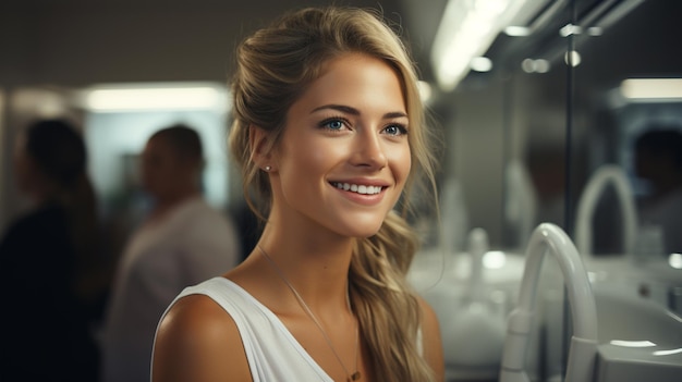 Portret van een mooie jonge vrouw met blond haar glimlachend naar de camerageneratieve ai