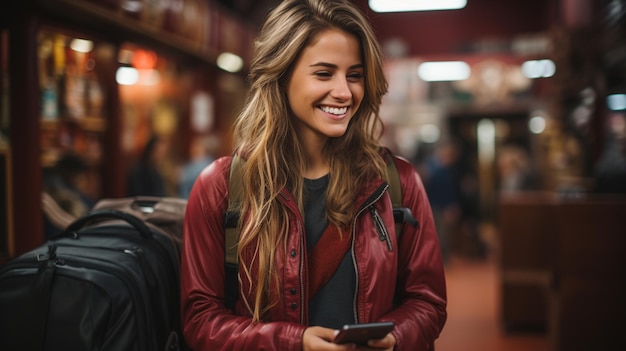 Portret van een mooie jonge vrouw met blond haar in een gele jas met een rode sjaal generatieve ai