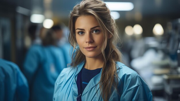 Portret van een mooie jonge vrouw met blond haar in een medisch uniform generatieve ai