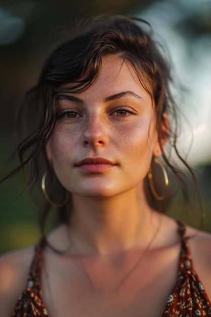 Portret van een mooie jonge vrouw met bruin haar en bruine ogen