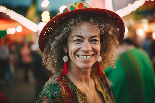 Foto portret van een mooie jonge vrouw met een afro-kapsel met een strohoed met onscherpe achtergrond in de stad