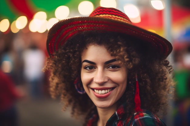 Portret van een mooie jonge vrouw met een afro-kapsel met een strohoed met onscherpe achtergrond in de stad