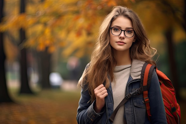 Portret van een mooie jonge vrouw met een bril met een rugzak in het herfstpark