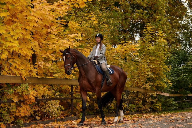 Portret van een mooie jonge vrouw met een bruine paardrijdende herfstdag