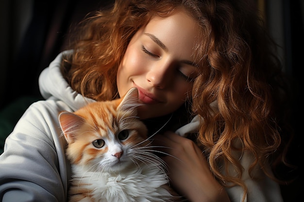 Portret van een mooie jonge vrouw met een kat in haar armen