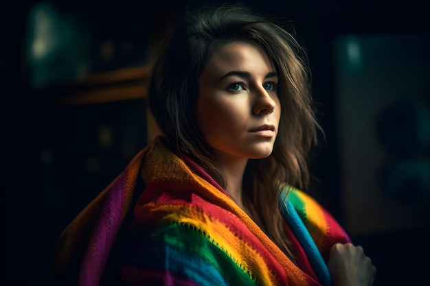 Portret van een mooie jonge vrouw met een trotse regenboogsjaal