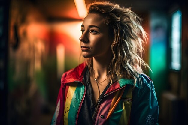 Portret van een mooie jonge vrouw met een trotse regenboogsjaal