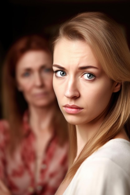 Portret van een mooie jonge vrouw met haar moeder op de achtergrond