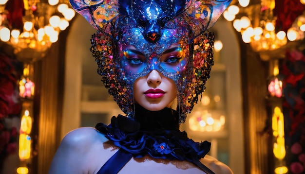 Portret van een mooie jonge vrouw met heldere make-up en een Venetiaans masker