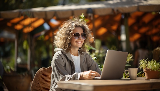 Portret van een mooie jonge vrouw met krullend haar die een laptop gebruikt in een café