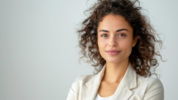 Portret van een mooie jonge vrouw met krullend haar die naar de camera kijkt