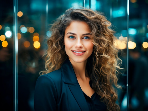 Portret van een mooie jonge vrouw met krullend haar en blauwe ogen Generatieve AI