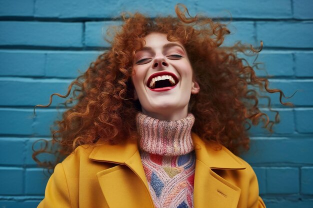 Foto portret van een mooie jonge vrouw met krullend rood haar in een gele jas tegen een blauwe bakstenen muur