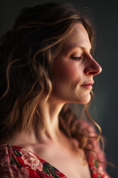 Portret van een mooie jonge vrouw met lang golvend blond haar