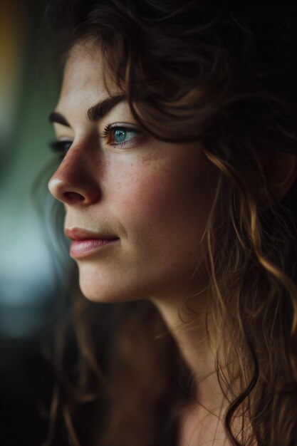 Portret van een mooie jonge vrouw met lang krullend haar en blauwe ogen