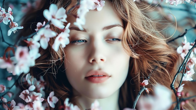 Portret van een mooie jonge vrouw met lang rood haar en blauwe ogen die in een bed van roze bloemen ligt