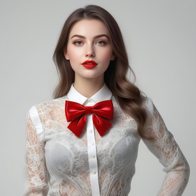 Portret van een mooie jonge vrouw met rode lippen en strikje
