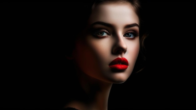 Portret van een mooie jonge vrouw met rode lippen op een zwarte backgroundgenerative ai