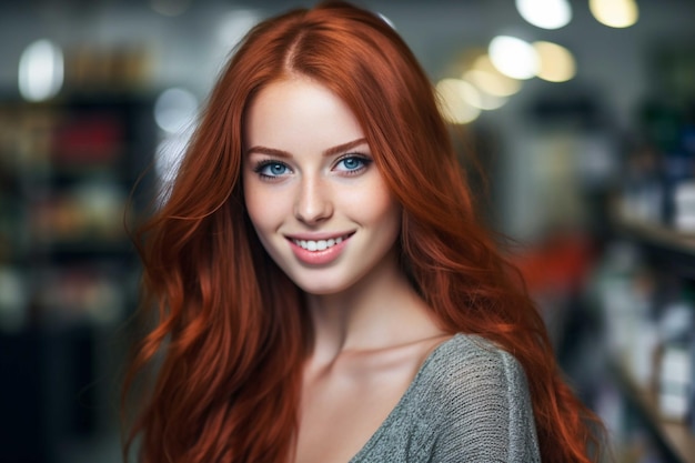 Portret van een mooie jonge vrouw met rood haar binnenshuis